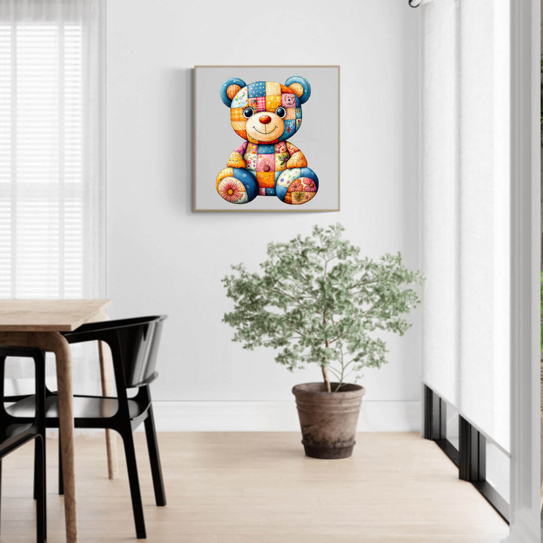 Patchwork Bear wooden jigsaw puzzle displayed in a modern room, promoting focus and brain development through play.