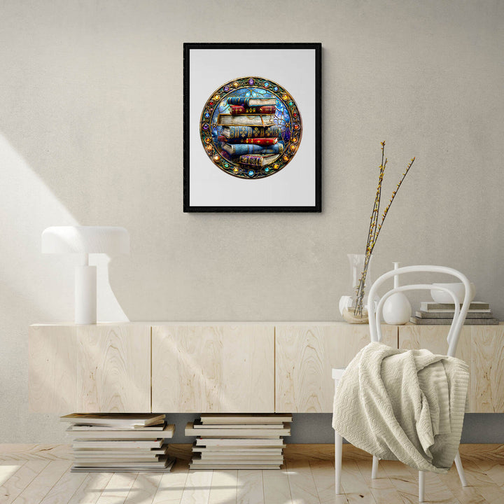 Colorful circular wall art featuring boats and intricate patterns, displayed in a modern home interior with minimal decor.