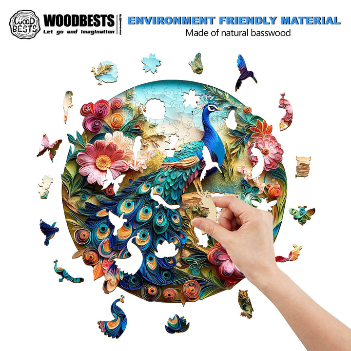3D Colorful Peacock Wooden Jigsaw Puzzle made from natural basswood, showcasing vibrant design and eco-friendly materials.