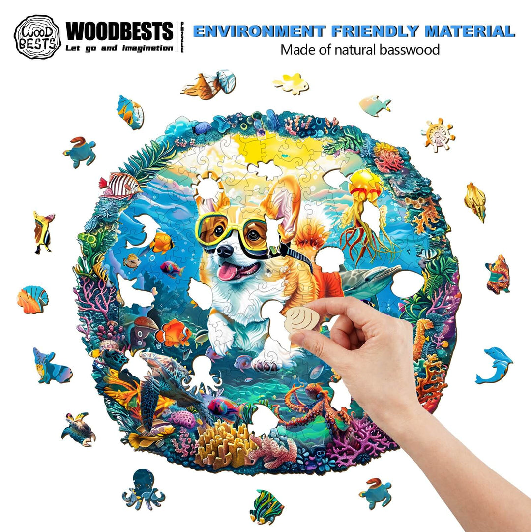 Colorful Diving Corgi wooden jigsaw puzzle made of natural basswood, featuring marine life and vibrant artwork.