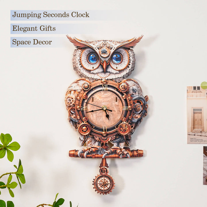 Mechanical owl clock with intricate design, jumping seconds feature, stylish wall decor, perfect for elegant gifts.