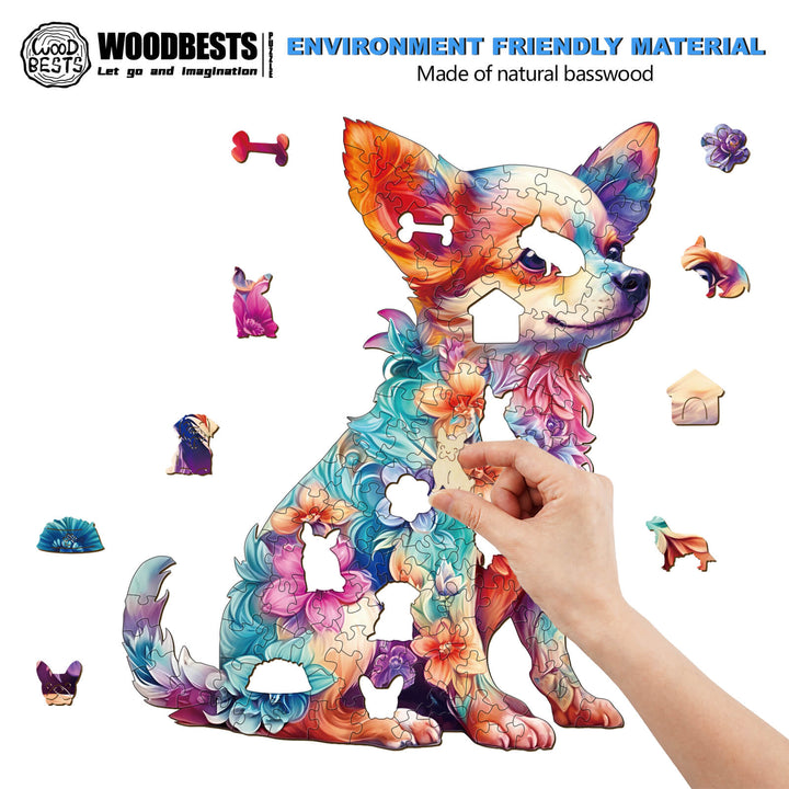 Colorful wooden jigsaw puzzle of a cute puppy made from natural basswood, featuring playful designs and eco-friendly material.