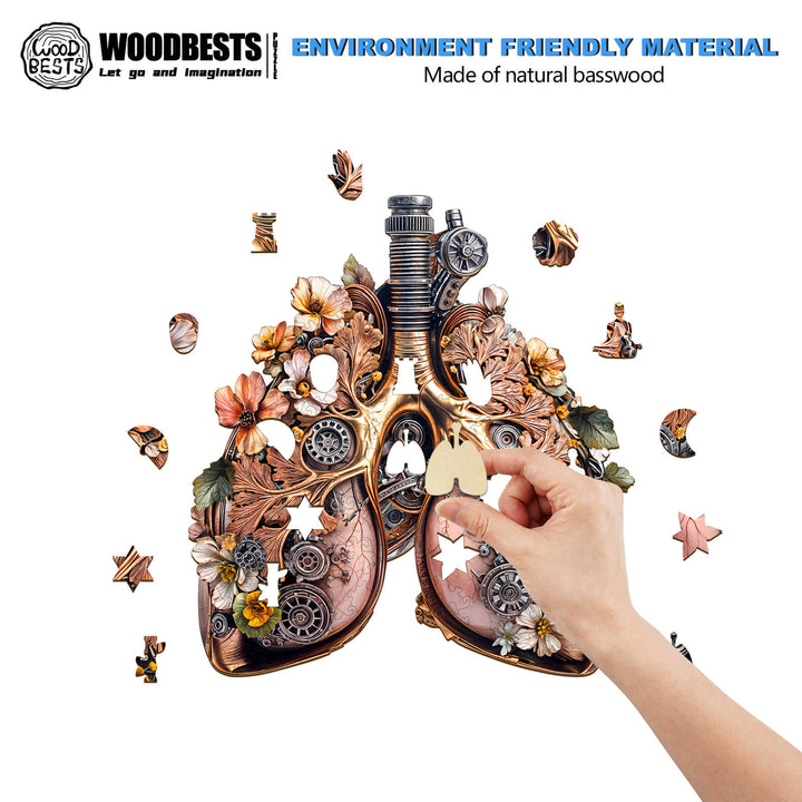 3D Mechanical Lung wooden jigsaw puzzle being assembled, showcasing detailed design with natural basswood pieces.