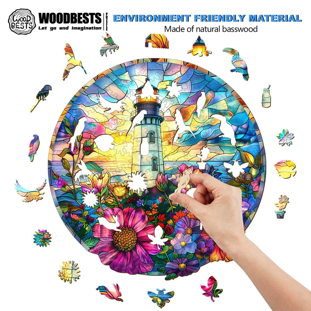 Hand assembling a Stained Glass Lighthouse wooden jigsaw puzzle made from natural basswood, surrounded by colorful puzzle pieces.