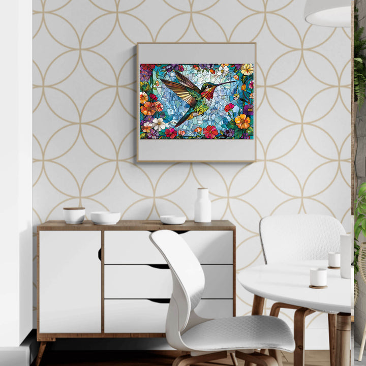 Stained Glass Hummingbird-4 wooden jigsaw puzzle displayed on a modern wall, enhancing home decor and inspiring focus.