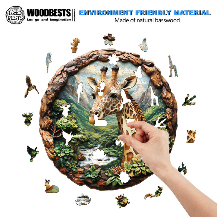 Person completing a 3D giraffe wooden jigsaw puzzle made of natural basswood, featuring a colorful wildlife scene.