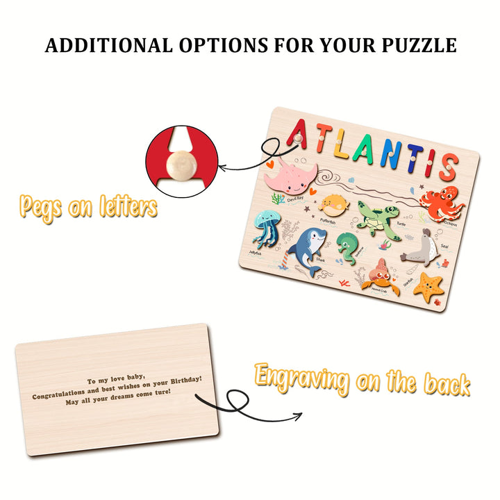 Puzzle en bois personnalisé avec prénom - Jouet animaux marins pour tout-petits