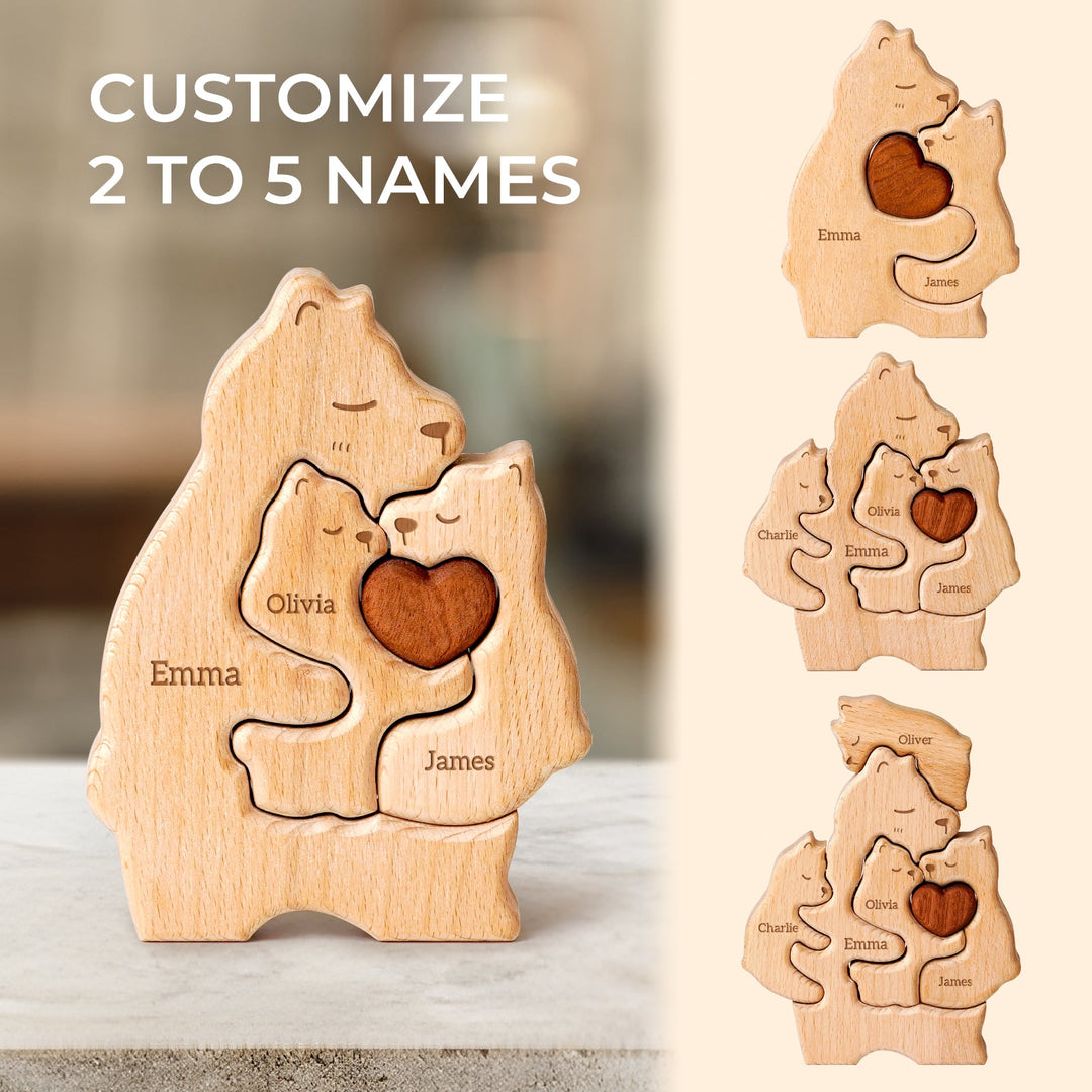 Personalized wooden mama bear puzzle featuring up to 5 names, perfect for family decor and thoughtful gifts.