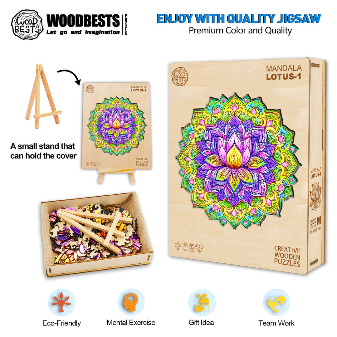 Mandala Lotus-1 wooden jigsaw puzzle featuring vibrant colors, eco-friendly design, and a small display stand for creative exploration.