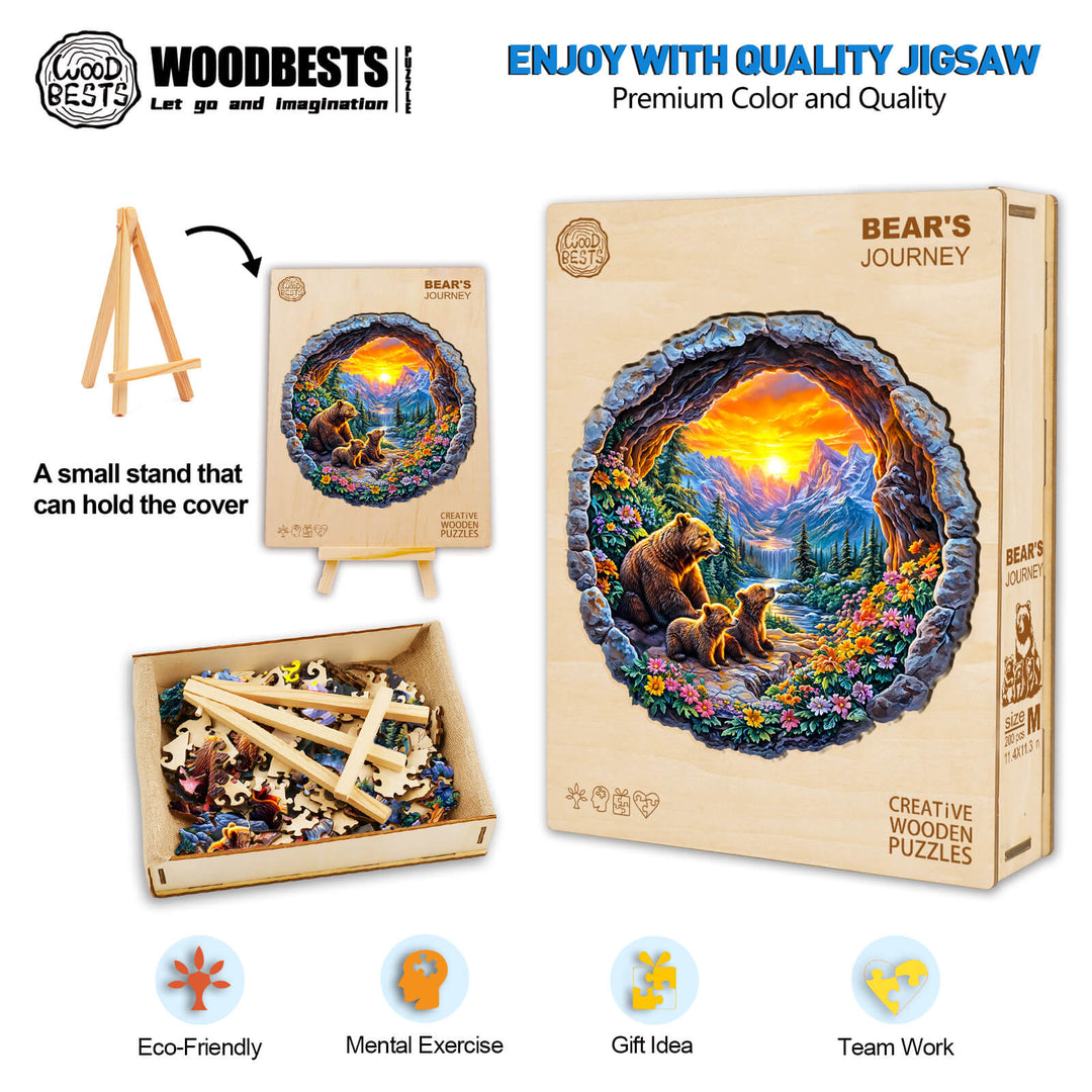 3D Bear's Journey wooden jigsaw puzzle packaging with colorful artwork, eco-friendly materials, and a display stand.
