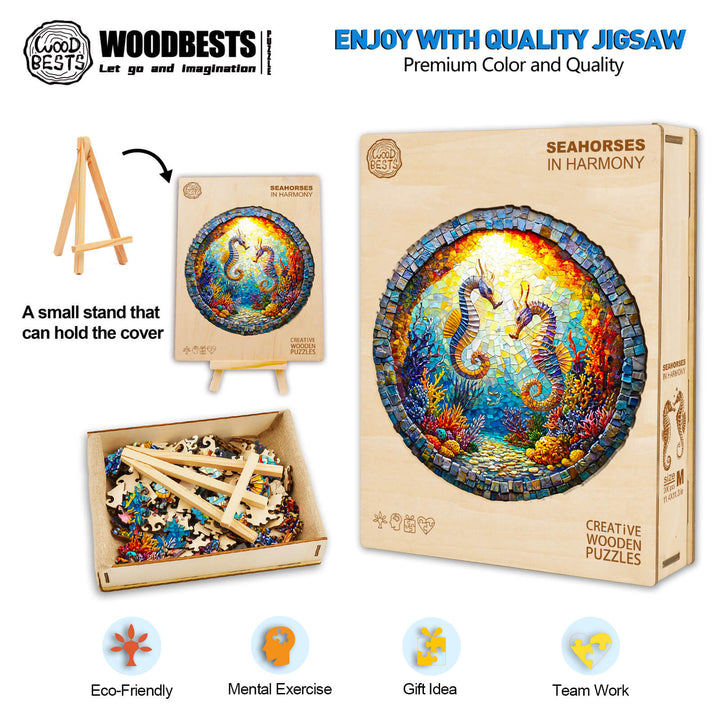 3D Seahorses in Harmony wooden jigsaw puzzle, eco-friendly, mental exercise, quality craftsmanship, fun gift for teamwork.