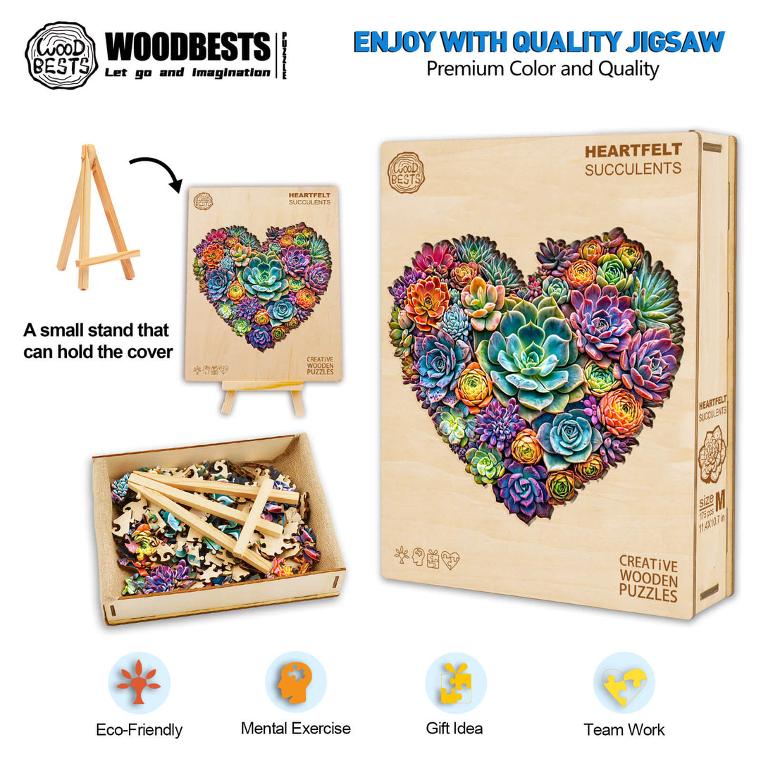 Heartfelt Succulents wooden jigsaw puzzle with colorful succulent design, featuring eco-friendly materials and mental exercise benefits.