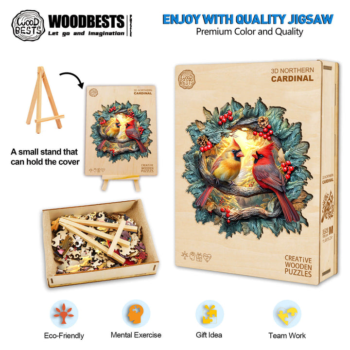 3D Northern Cardinal Wooden Jigsaw Puzzle showing vibrant red cardinals and eco-friendly packaging, perfect for gifts and teamwork.