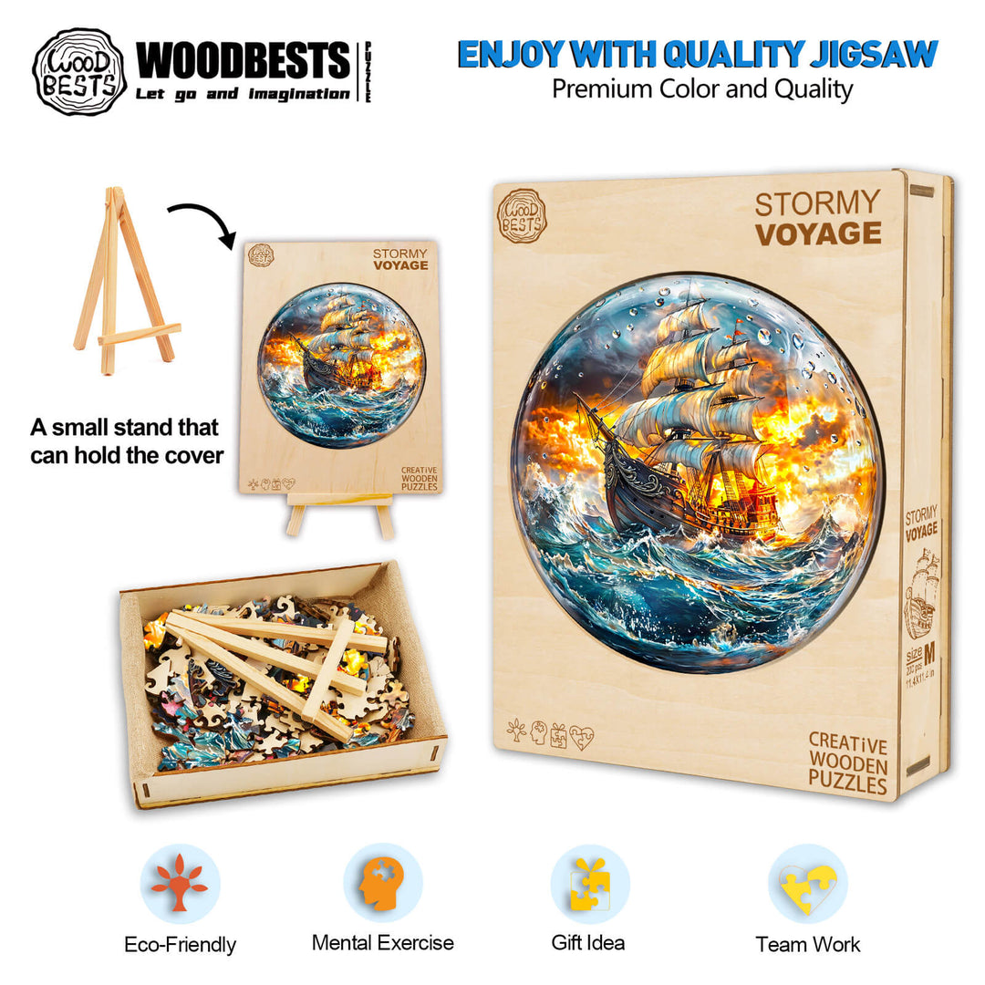 Stormy Voyage Wooden Jigsaw Puzzle with vibrant artwork and eco-friendly packaging promoting mental exercise and team work.
