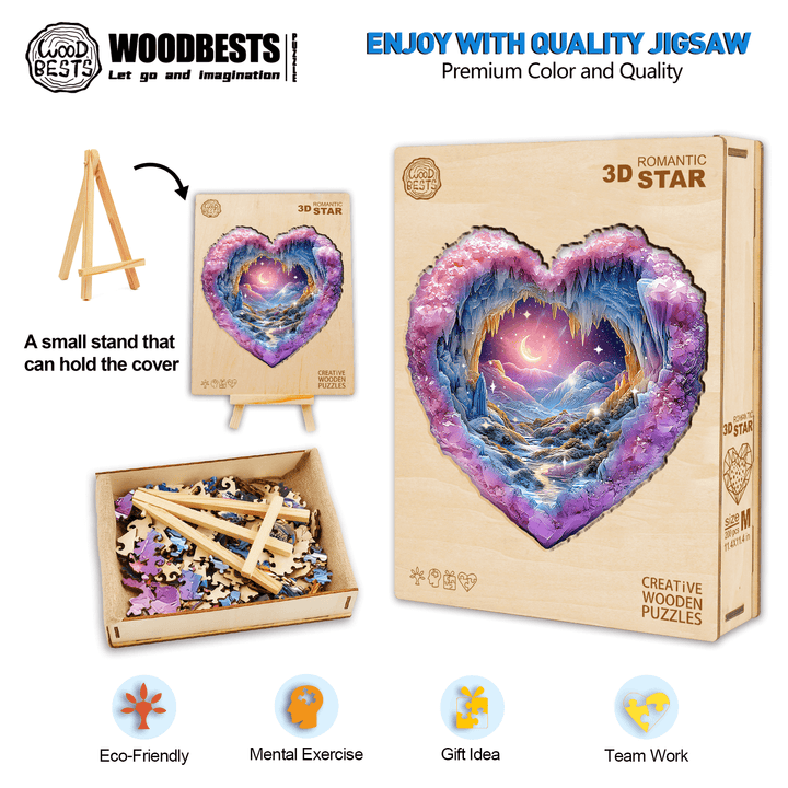 3D Romantic Star wooden jigsaw puzzle; eco-friendly, mental exercise for smarter brain, perfect gift idea.