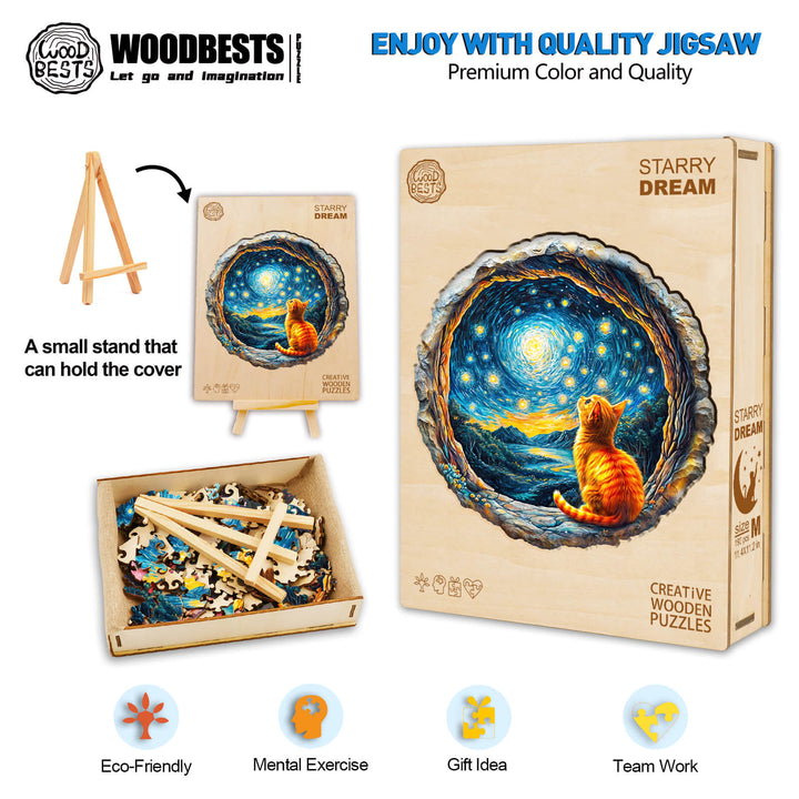 3D Starry Dream Wooden Jigsaw Puzzle with colorful cat and engaging design, perfect for mental exercise and team activities.