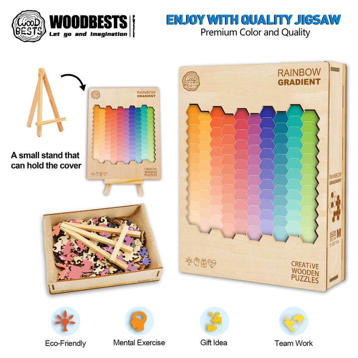 Rainbow Gradient Wooden Jigsaw Puzzle showcasing vibrant colors, eco-friendly materials, and a mental exercise for puzzle enthusiasts.