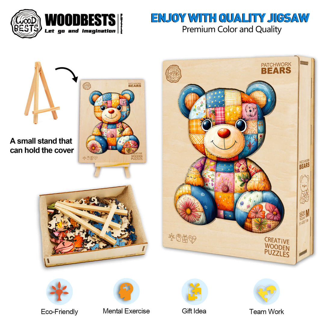 Patchwork Bear Wooden Jigsaw Puzzle in colorful box with eco-friendly pieces for mental exercise and teamwork.