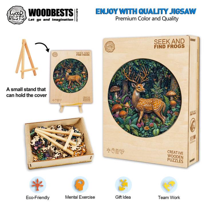 SEEK AND FIND FROGS wooden jigsaw puzzle box with deer design, eco-friendly, mental exercise, creative fun for all ages.