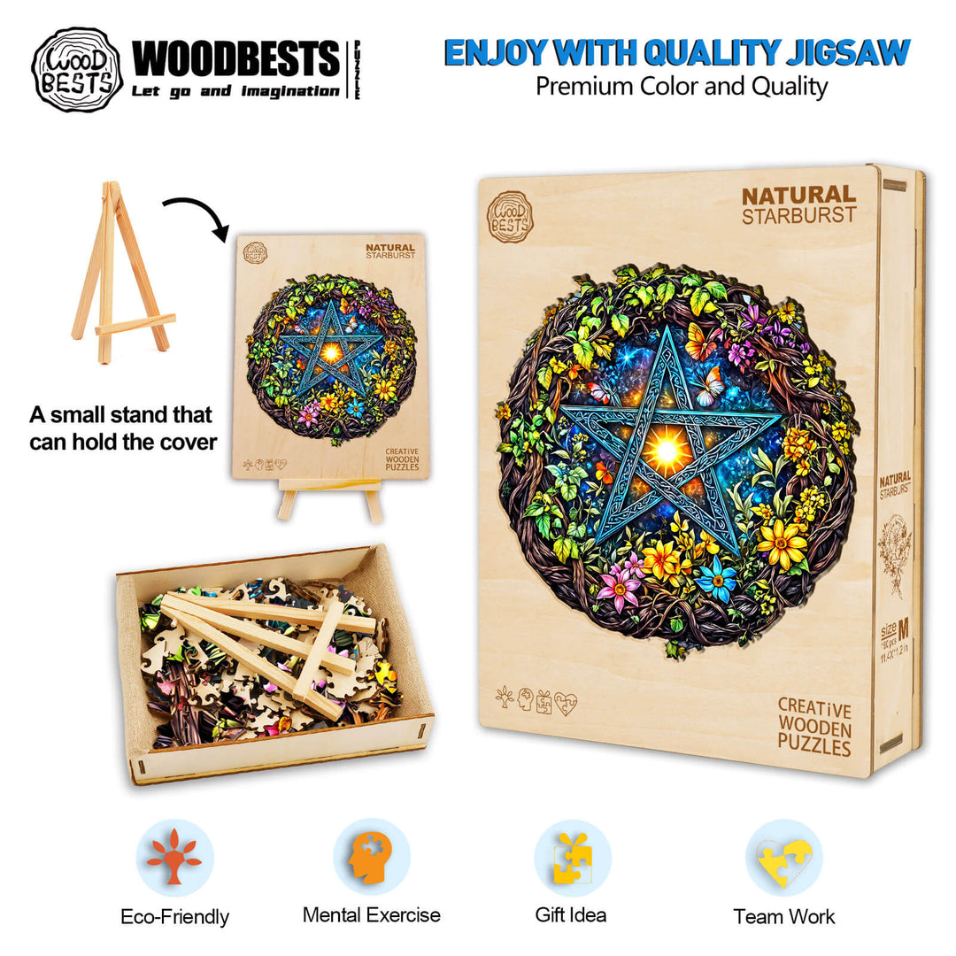 Natural Starburst Wooden Jigsaw Puzzle box with colorful design, eco-friendly materials, and mental exercise benefits.