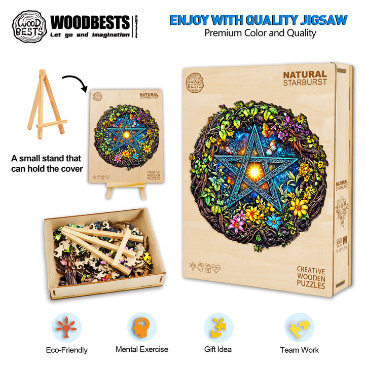 Natural Starburst Wooden Jigsaw Puzzle box with colorful design, eco-friendly materials, and mental exercise benefits.