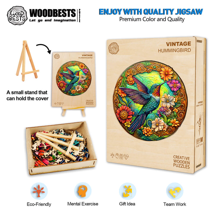 Vintage Hummingbird Wooden Jigsaw Puzzle with colorful design and eco-friendly materials, ideal for mental exercise and teamwork.