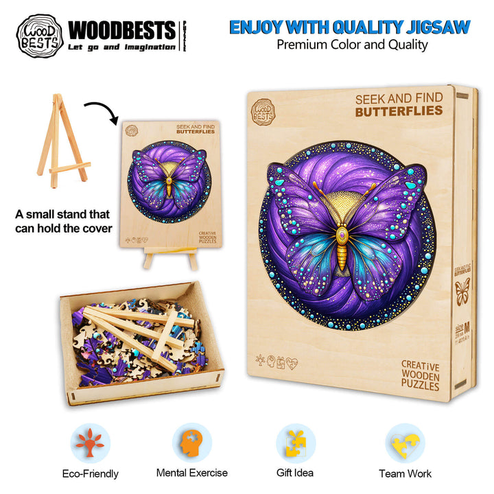 Seek and Find Butterflies wooden jigsaw puzzle with vibrant colors and engaging pieces for mental stimulation and fun.