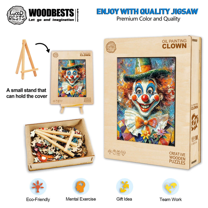Oil painting clown wooden jigsaw puzzle with vibrant colors, eco-friendly materials, designed for mental exercise and teamwork.