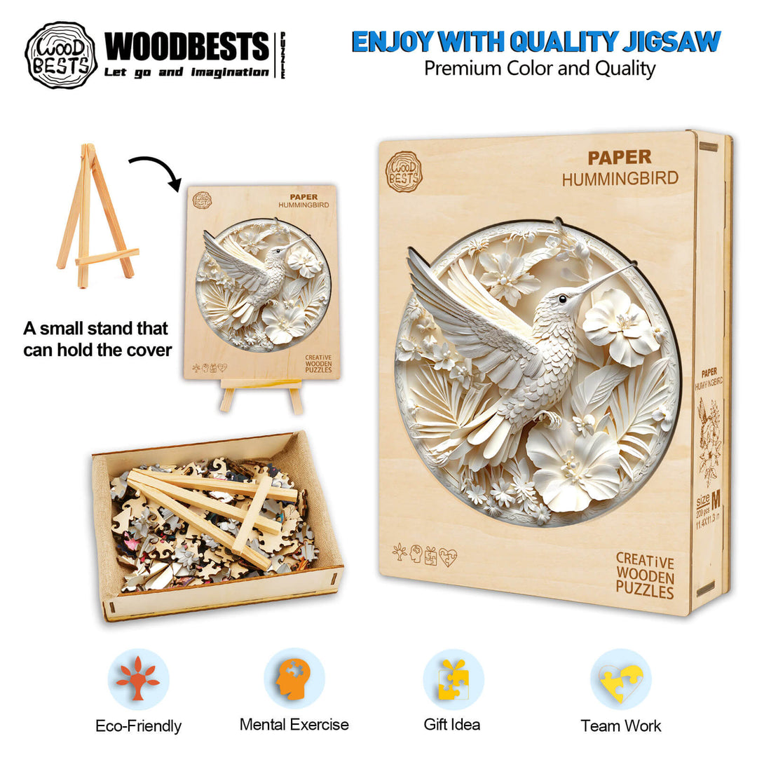 3D Paper Hummingbird-2 wooden jigsaw puzzle showcasing pieces, eco-friendly design, and small stand for display.
