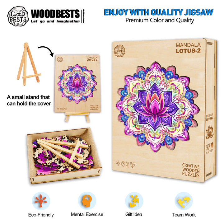 Mandala Lotus-2 wooden jigsaw puzzle with vibrant colors, eco-friendly materials, and a stand for display.