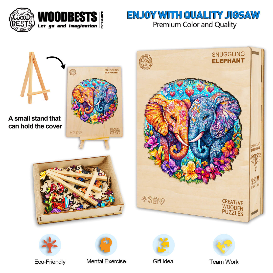 Snuggling Elephant Wooden Jigsaw Puzzle with colorful design, eco-friendly pieces, perfect for mental exercise and team building.