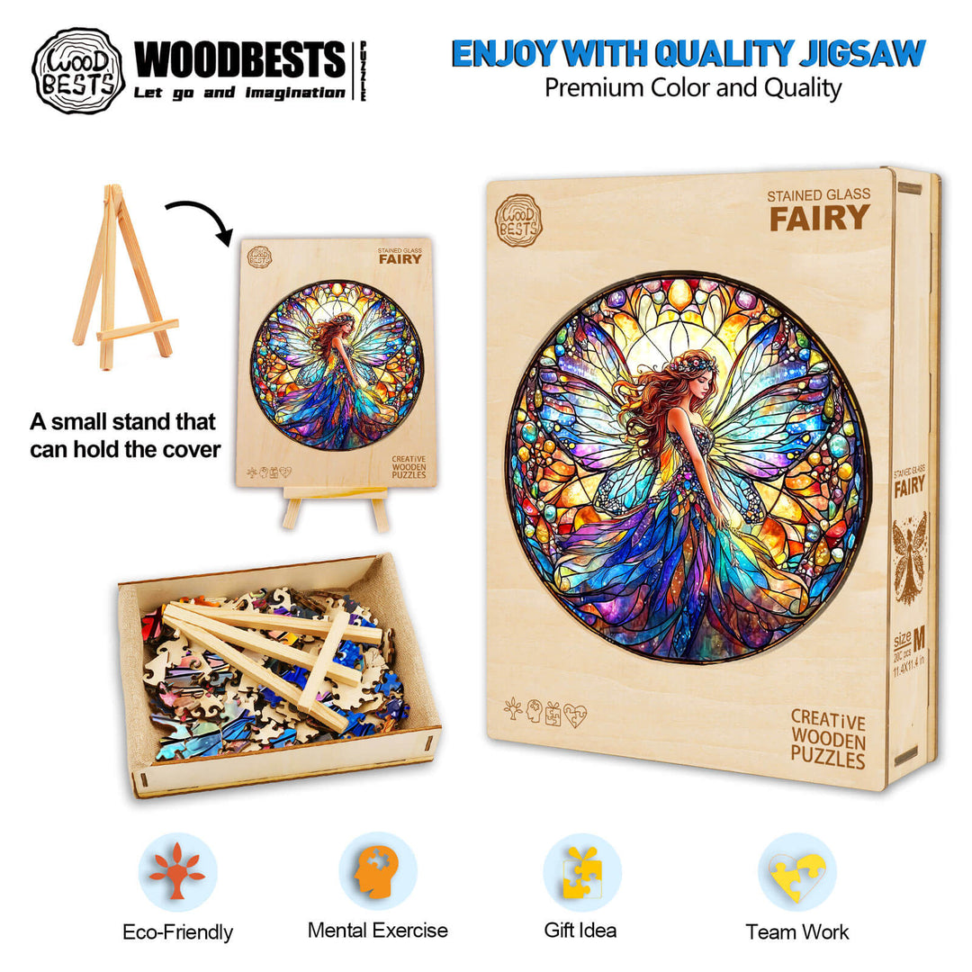 Stained Glass Fairy Wooden Jigsaw Puzzle with pieces, stand, and vibrant artwork for mental exercise and teamwork.