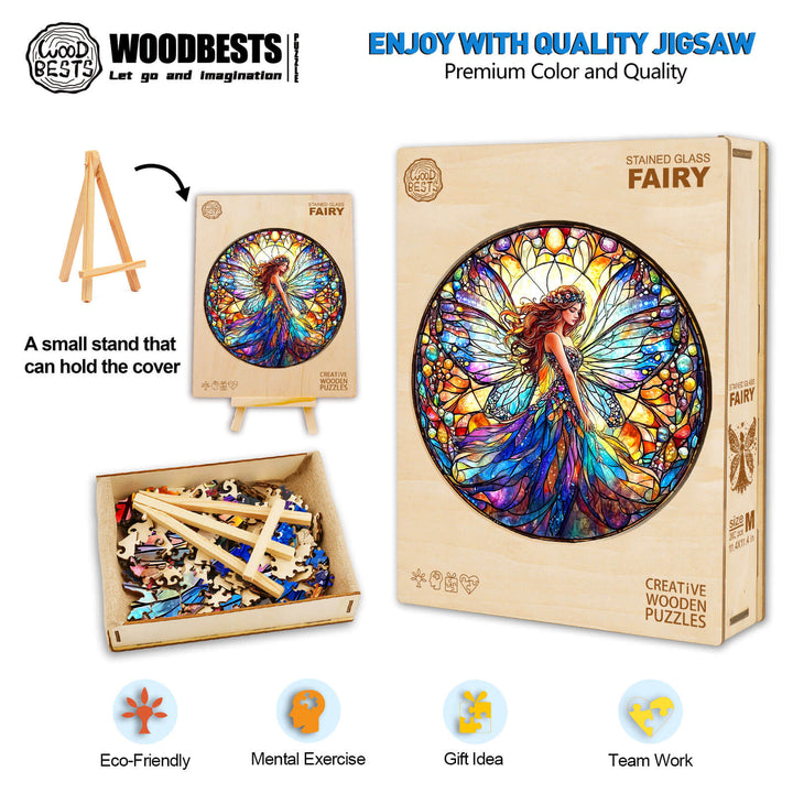 Stained Glass Fairy Wooden Jigsaw Puzzle with pieces, stand, and vibrant artwork for mental exercise and teamwork.