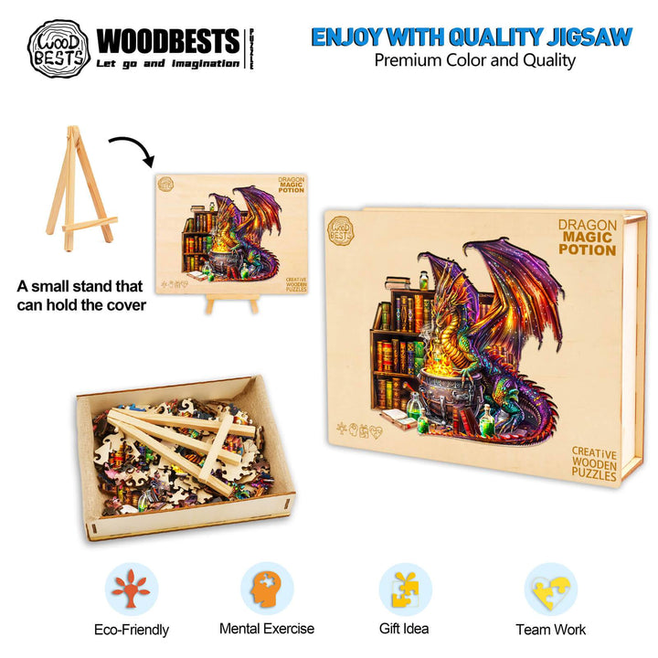 Dragon Magic Potion wooden jigsaw puzzle box and pieces, featuring vibrant colors and a dragon amidst magical artifacts.