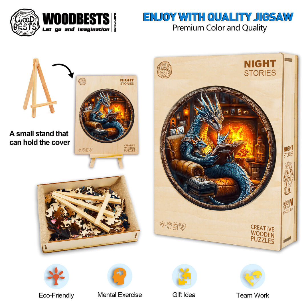 Night Stories wooden jigsaw puzzle featuring a dragon, promoting mental exercise and eco-friendliness.