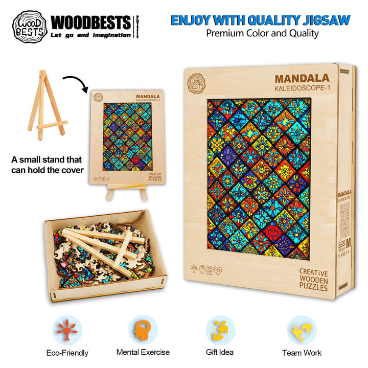 Mandala Kaleidoscope-1 wooden jigsaw puzzle showcasing vibrant colors, eco-friendly materials, and a focus on mental exercise.