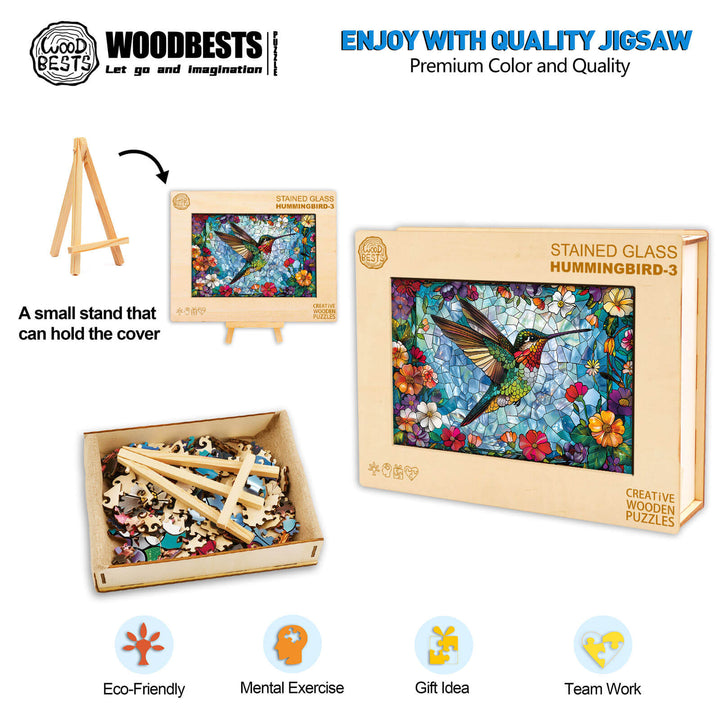 Stained Glass Hummingbird-4 wooden jigsaw puzzle with pieces, eco-friendly box, and stand for creative mind games.