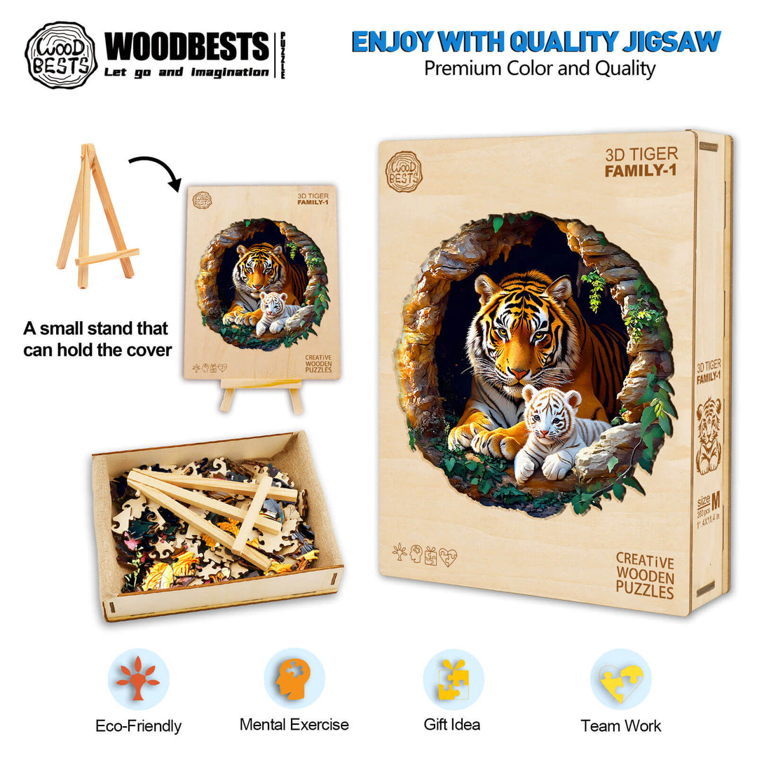 3D Tiger Family-1 wooden jigsaw puzzle set with colorful pieces, a small holder stand, promoting eco-friendliness and mental exercise.
