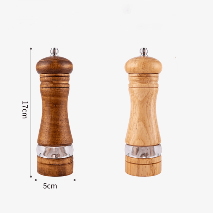 Two-tone spice grinder set made of natural rubberwood, featuring a stylish design and durable construction.