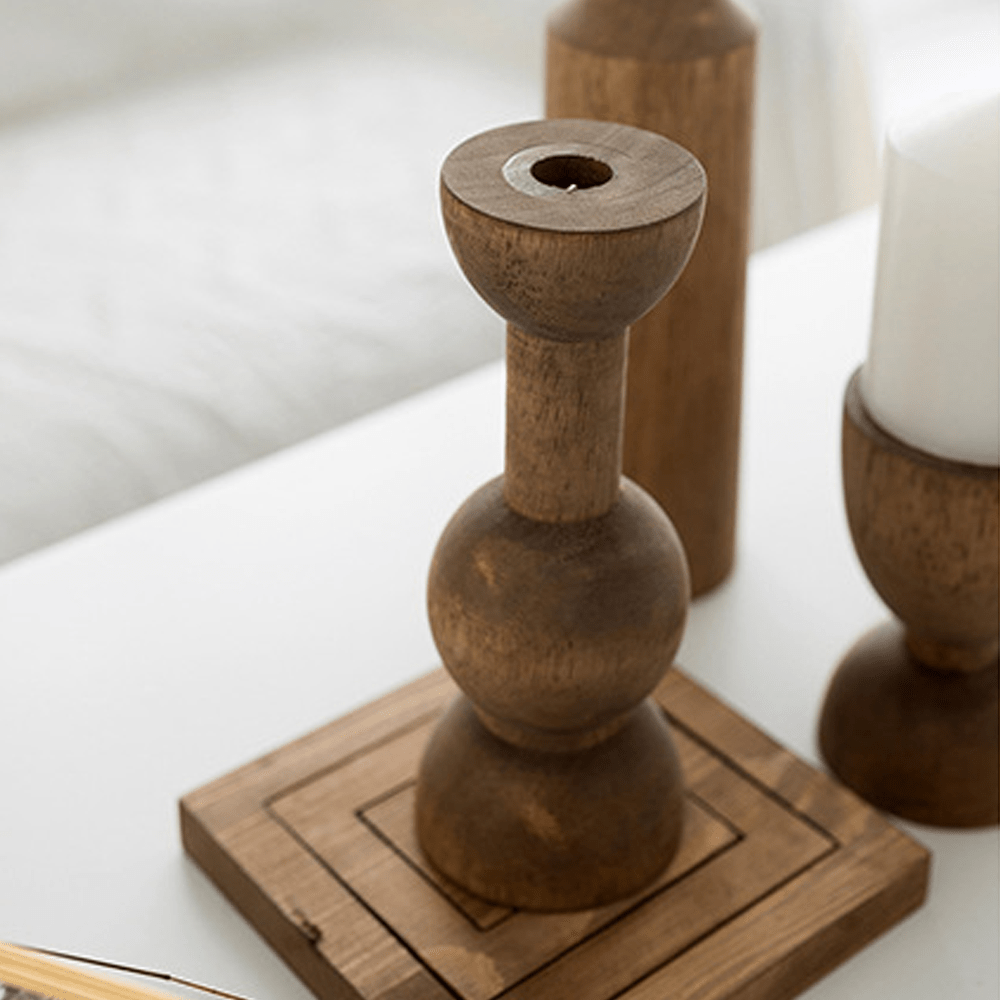 American retro wooden candle holder in a warm tone, designed for creating a romantic ambiance in home decor.