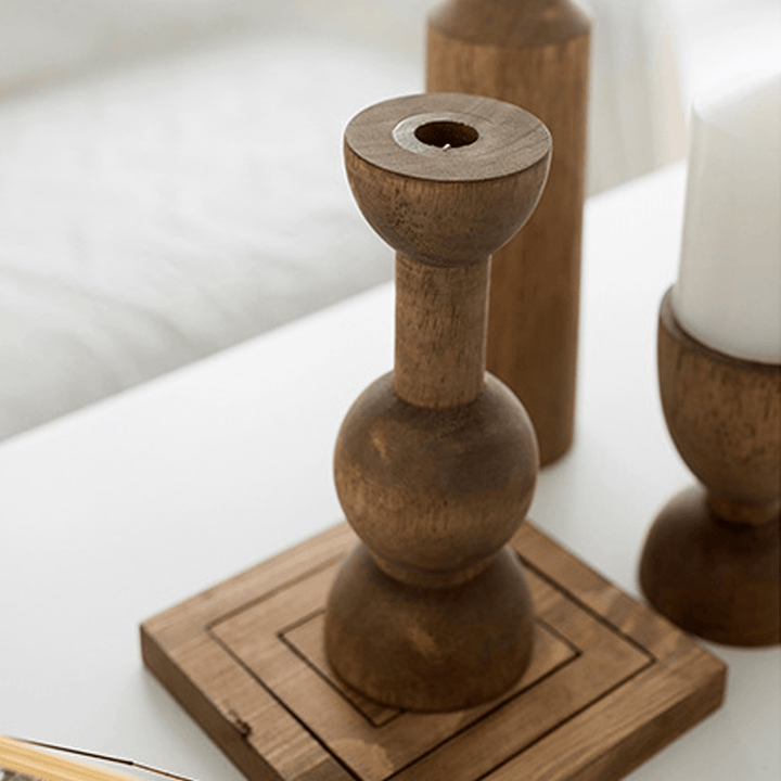 American retro wooden candle holder in a warm tone, designed for creating a romantic ambiance in home decor.
