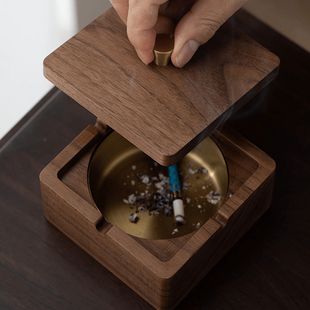 Square wooden ashtray with stainless steel liner, showcasing natural texture and modern design.