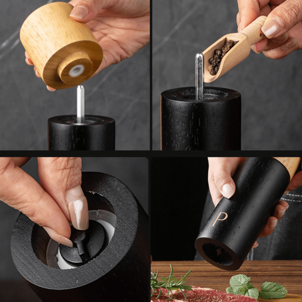 Collage of Sea Salt and Pepper Grinder Combo Set illustrating its use, features, and natural rubber wood design.