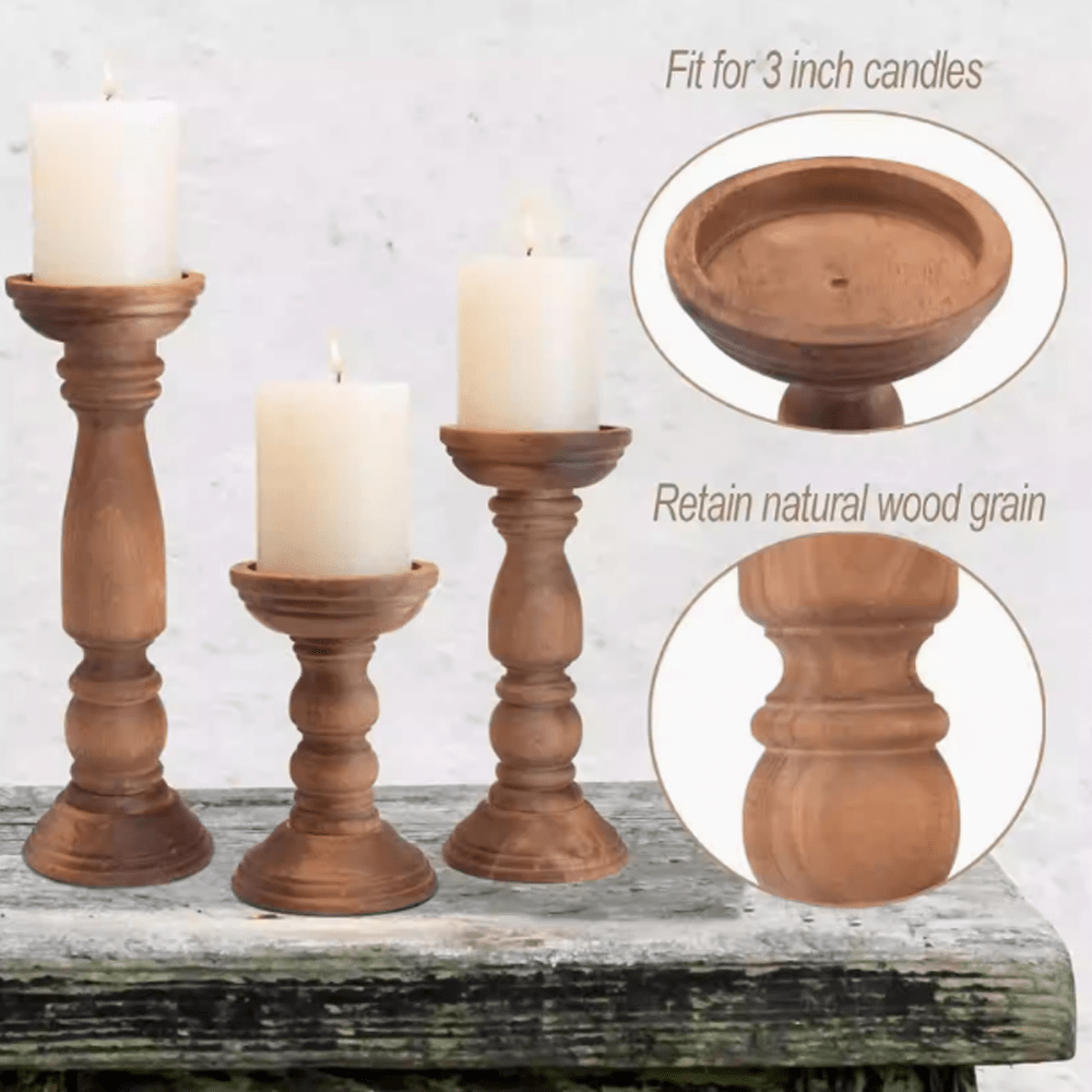 Wabi-sabi style Paulownia wood candle holders for 3 inch candles, showcasing natural wood grain and rustic design.