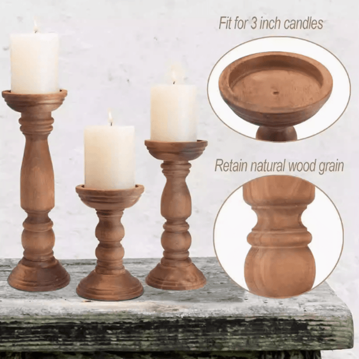 Wabi-sabi style Paulownia wood candle holders for 3 inch candles, showcasing natural wood grain and rustic design.