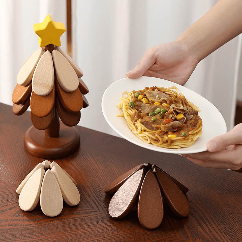 Wooden Christmas tree coasters enhance dining with natural wooden texture, showcasing artistic design and functionality.