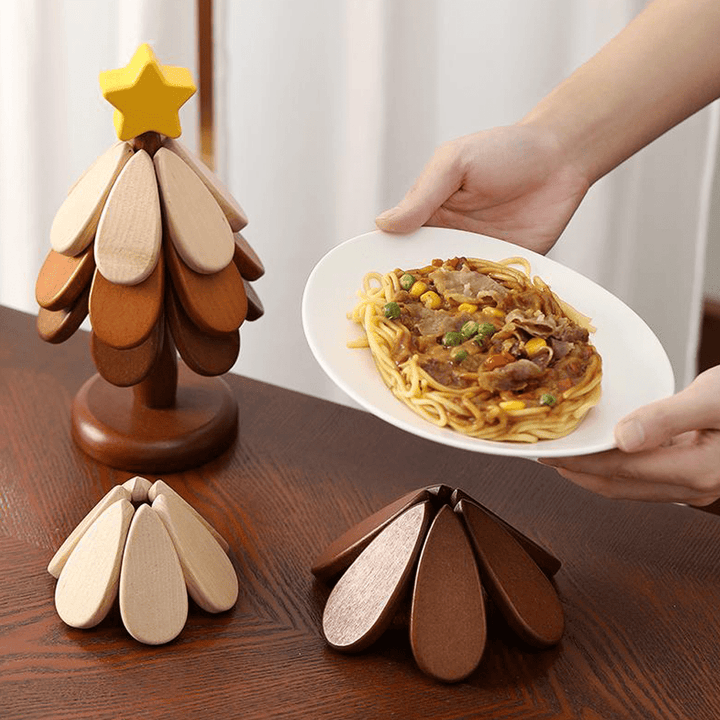 Wooden Christmas tree coasters enhance dining with natural wooden texture, showcasing artistic design and functionality.