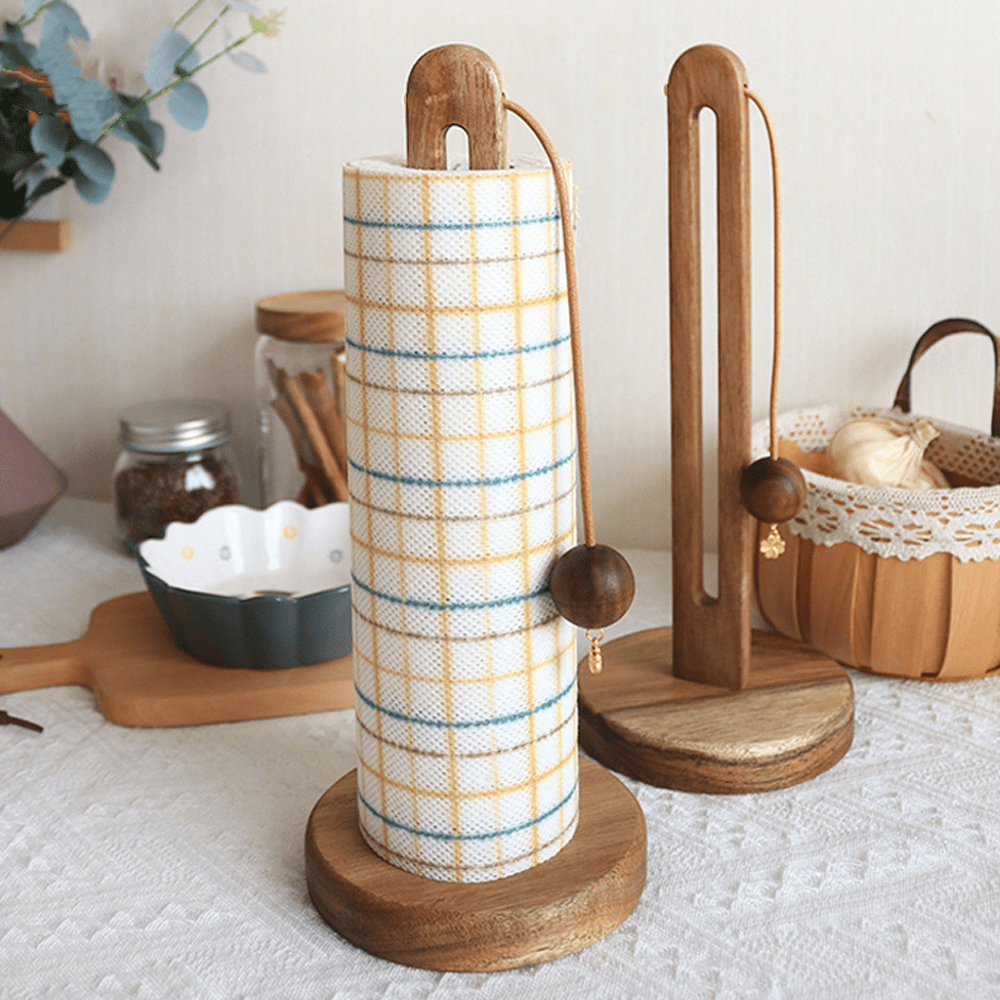 Wooden kitchen paper towel holder with an anti-scatter design, featuring acacia and beech wood textures.