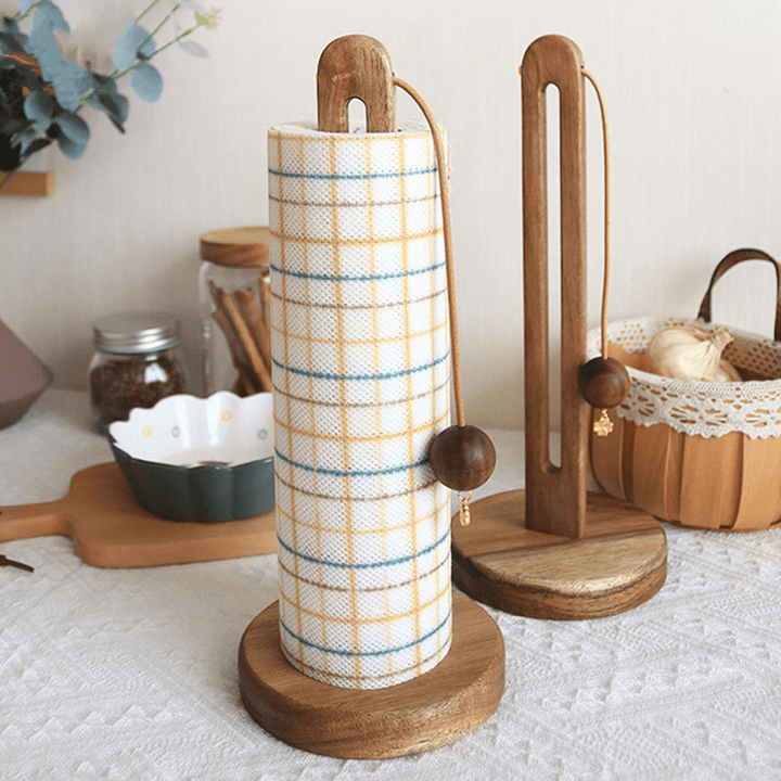 Wooden kitchen paper towel holder with an anti-scatter design, featuring acacia and beech wood textures.