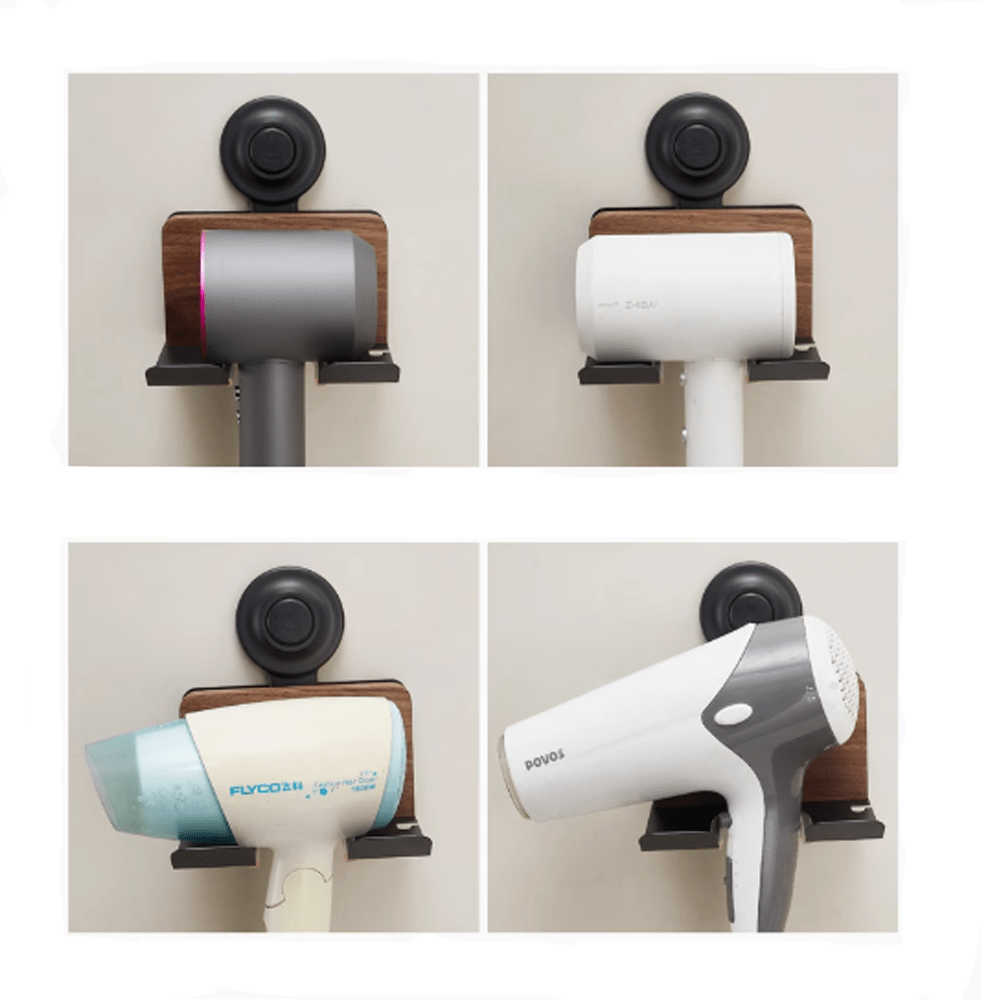 Suction cup Maillard walnut hair dryer stand displaying various hair dryers, showcasing beauty and convenience.